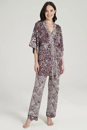 Kadın Etnik Desen İp Askılı Önden Düğmeli 3'lü Pijama Takımı - 8