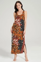 Kadın Karışık Desenli Eteği Yırtmaçlı Kalın Askılı Gecelik Elbise - 3