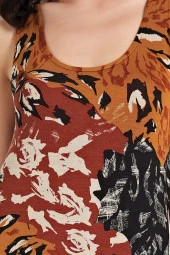 Kadın Karışık Desenli Eteği Yırtmaçlı Kalın Askılı Gecelik Elbise - 4