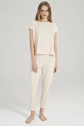 Kadın Yaprak Desenli Paçası Lastikli Belden Yırtmaçlı Pijama Takımı - 1