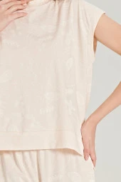 Kadın Yaprak Desenli Paçası Lastikli Belden Yırtmaçlı Pijama Takımı - 8