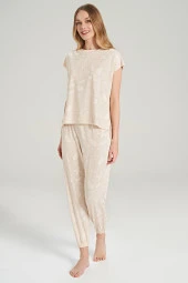 Kadın Yaprak Desenli Paçası Lastikli Belden Yırtmaçlı Pijama Takımı - 9