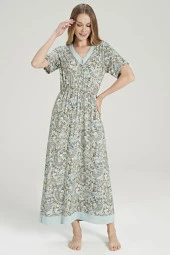 Kadın Klasik Şal Desenli V Yaka Yakası Düğmeli Gecelik Elbise - 3