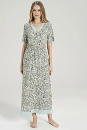 Kadın Klasik Şal Desenli V Yaka Yakası Düğmeli Gecelik Elbise - 4