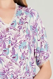 Kadın Yaprak Desenli Önden Düğmeli Yarım Kol Gecelik Elbise - 4