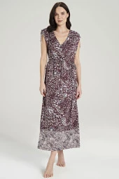 Kadın Etnik Desen Önden Düğmeli V Yaka Gecelik Elbise - 1