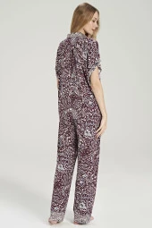 Kadın Klasik Etnik Desenli Önden Düğmeli V Yaka Pijama Takımı - 1