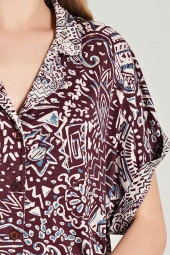 Kadın Klasik Etnik Desenli Önden Düğmeli V Yaka Pijama Takımı - 3