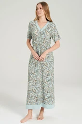 Kadın Klasik Şal Desenli V Yaka Yakası Düğmeli Gecelik Elbise - 5