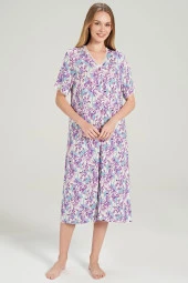 Kadın Yaprak Desenli Önden Düğmeli Yarım Kol Gecelik Elbise - 7