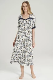Kadın Çicek Desenli Önden Düğmeli Yarım Kol Gecelik Elbise - 3