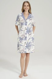 Kadın Pamuklu Çicek Desenli Önden Düğmeli Gömlek Yaka Gecelik Elbise - 4