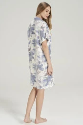 Kadın Pamuklu Çicek Desenli Önden Düğmeli Gömlek Yaka Gecelik Elbise - 5