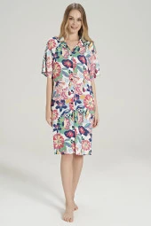 Kadın Pamuklu Çicek Desenli Önden Düğmeli Yarım Kol Gecelik Elbise - 4