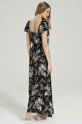 Kadın Pamuklu Şal Desenli Omuz Detaylı Eteği Yırtmaçlı Gecelik Elbise - 6