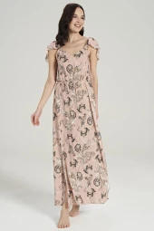 Kadın Pamuklu Şal Desenli Omuz Detaylı Eteği Yırtmaçlı Gecelik Elbise - 7