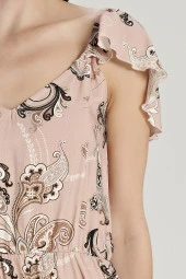 Kadın Pamuklu Şal Desenli Omuz Detaylı Eteği Yırtmaçlı Gecelik Elbise - 8