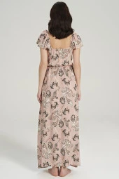 Kadın Pamuklu Şal Desenli Omuz Detaylı Eteği Yırtmaçlı Gecelik Elbise - 11