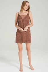 Kadın Jakar Kumaş Şal Desenli İp Askılı Gecelik - 6