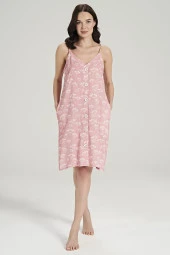 Kadın Pamuklu Önden Düğmeli İp Askılı Gecelik Elbise - 1