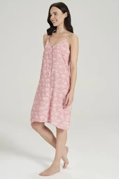 Kadın Pamuklu Önden Düğmeli İp Askılı Gecelik Elbise - 4