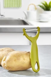2 Adet Çok Amaçlı Yan ve Sapan Soyacak, Meyve Sebze Paslanmaz Çelik Bıçaklı Soyucu 2’li Set Yeşil thumbnail 3