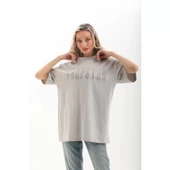Lucky Life Unisex Taş Desenli Oversize T-Shirt - Gri - 3