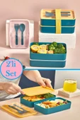 2 Katlı Yeşil Çatal Kaşıklı Beslenme Kabı 1003 Bölmeli Yemek Kabı Saklama Kutusu Lunch Box - 2
