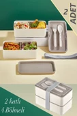 2 Adet 2 Katlı Krem Çatal Kaşıklı Saklama Kabı 1003 Lunch Box - Beslenme Bölmeli Yemek Kutusu thumbnail 1