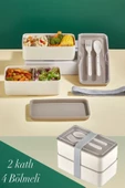 2 Katlı Krem Çatal Kaşıklı Saklama Kabı 1003 Lunch Box - Beslenme Bölmeli Yemek Kutusu - 1