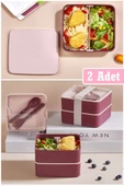 2 Adet Kare 2 Katlı 1013 Lunch Box Yemek Saklama Kabı Beslenme Kutusu Seti Sporcu Öğrenci Diyet Kabı - 1