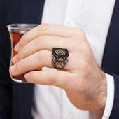 Cami Motifli Siyah Oniks Taş 925 Gümüş Erkek Yüzük - 9