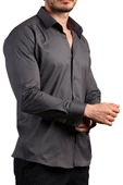Koyu Gri Ekstra Dar Kesim Likralı Esnek Micro Kumaş Kol Düğmeli Slim Fit Erkek Gömlek - 195-7 - 3