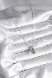 316L Çelik Gümüş Renk Bubble "A" Harf Model Kadın Kolye thumbnail 2