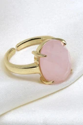 Pembe Kuvars Doğal Taş Gold Renk Yüzük - 1