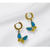 Kelebek Model Turkuaz Ve Gold Renkli Çelik Küpe - 1