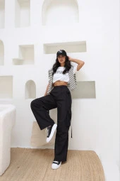 Kuşaklı Kargo Cepli Siyah Pantolon - 4