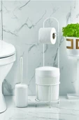 Metal Standlı Yuvarlak Kovalı & Kağıtlıklı & Fırçalıklı Beyaz Banyo Takımı - 2