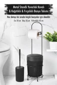 Metal Standlı Yuvarlak Kovalı & Kağıtlıklı & Fırçalıklı Siyah Banyo Takımı - 1