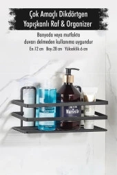 Paslanmaz Çelik Yapışkanlı Dikdörtgen Duvar Rafı & Organizer & Banyo Duş Askısı - 1