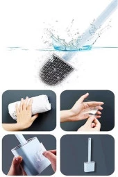 BUFFER® Duvara Monte Edilebilir Kapaklı Askılı Klozet Yumuşak Silikon Başlıklı Tuvalet Fırçası Seti - 12