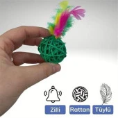 BUFFER® 2li Rattan Renkli Peluş Tüy Kedi Köpek Oyuncak Yakalama Çiğneme Çıngıraklı Top Oyuncağı - 5