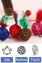 BUFFER® 2li Rattan Renkli Peluş Tüy Kedi Köpek Oyuncak Yakalama Çiğneme Çıngıraklı Top Oyuncağı - 11