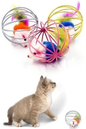 BUFFER® Renkli Metal Kafesli Peluş Fareli Kedi Köpek Oyuncağı Oyun Topu 6 cm - 9