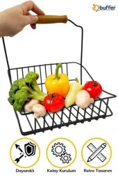 BUFFER® Retro Ferforje Askılı Siyah Ahşap Kulplu Düzenleyici Mutfak Sepeti - 9