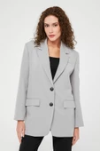 Gri Kadın Düğmeli Oversize Blazer Ceket - 1