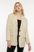 Taş Rengi Kadın Düğmeli Oversize Blazer Ceket - 2