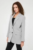 Gri Kadın Düğmeli Oversize Blazer Ceket - 4