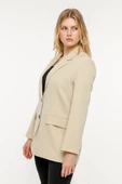 Taş Rengi Kadın Düğmeli Oversize Blazer Ceket - 3