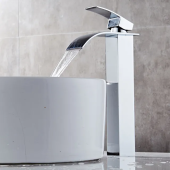 Krom Kare Çanak Lavabo Bataryası Oval Havza Şelale Model Uzun/yüksek Gümüş Gri Lavabo Musluğu Çift Girişli - 1